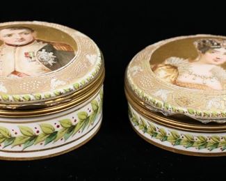 179	Pair Porcelain Trinket Boxes Napoleon & Josephine	Pair of marked Sevres French porcelain trinket boxes. Hand painted, with portraits of Napoleon and Josephine and enamel decoration on the lids, gilt mounts. Both marked on the underside M. RLe de Sevres with a fleur-de-lys below. Napoleon box 1 3/4"H x 2 7/8"-diameter, Josephine 1 1/4"H x 2 7/8"-diameter. Scratches and losses to gilt painting on both lids, minor losses and discoloration to enamel on both lids.
