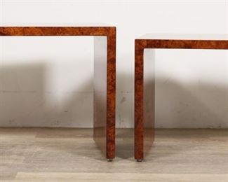 188	Pair of Milo Baughman Style Nesting Consoles	"Pair of Mid Century nesting consoles in the style of Milo Baughman (Goodland, KS, 1923-2003). 20th century. Nesting consoles with burlwood veneer, each in high-gloss finish. No apparent labels or maker's marks on either console. Scuffs and light scratches to tops of each console. Stains to wood on top of largest console. Crazing and cracking to veneer and finish on top of smallest console. Small nicks and scuffs to wood on left and right sides of both consoles. 2"" scratch to wood on one side on each console. 

Largest 40 1/8"" W x 18"" D x 24"" H. Smallest 36"" W x 18"" D x 22"" H. 128 lbs total."
