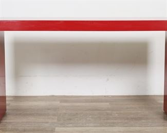 192	Mid Century Parsons Style Red Laminate Console	"Parsons style red laminate console. 20th century. Pressboard with cherry red laminate. Scuffs and scratches to top of console. Ring stain to laminate on top of console. Small white scuff to laminate on bottom edge of feet. 

60 1/8"" W x 18"" D x 32 3/8"" H. 106 lbs."
