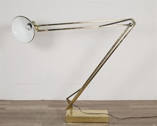 197	Mid Century Modern Brass Swing Arm Floor Lamp	"Mid Century Modern brass swing arm floor lamp. 20th century. Rectangular form base and  lamp with adjustable height and tilting. Underwriters Laboratories label on inside of shade. Tallest possible height is 87"" H. Lighting has been tested and is in working order. Scuffs, stains, marks, tarnishing and wear throughout brass of lamp. Dents to brass on edges of shade. Dent to brass on base. 

When closed: 28"" W x 43"" H. Base measures 16 1/4"" W x 8 3/4"" D. 27 lbs."
