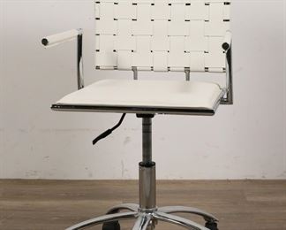 199	Italian Modern Style Leather Office Chair	"Italian Modern style white leather office chair. 21st century. Swivel metal base, white leather, woven chair back. Damage, wear, cracking and losses to leather on back of chair. Separation to weaving on back of chair. Stain to leather on chair back. Scuffs and scratches to metal of base. Cracking to leather on front edge of seat. 

23 1/2"" W x 23 1/2"" D (dimensions of base)  x 36 5/8"" H. Seat height 20 5/8"" H, arm height 27"" H.  25 lbs."
