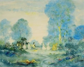 201	Stefanos Sideris Oil on Canvas Park Landscape	Stefanos Sideris (Greece, 1921). Oil on canvas, figures in park landscape. Signed lower left. 23 1/2" x 35 1/2" (with frame 32 1/4" x 44 1/4"). Heavily varnished, waviness to canvas.
