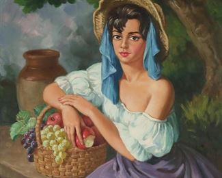 202	Pere Segimon Cisa Oil on Canvas Portrait	Pere Segimon Cisa (Spain, 1904-1976). Oil on canvas, portrait of a woman with fruit. Signed lower left P. Segimon. 29 1/2" x 23 1/2" (with frame 37 1/4" x 31 1/2"). Some crazing, inpainting to dress, chips to frame.
