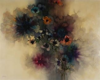 203	Florence Hasenflug Oil on Canvas Abstract Flowers	Florence Hasenflug (American, 1914-2010). Oil on canvas, abstract flowers. Signed lower left and signed Hasenflug A-166 on verso. 38 3/4" x 50 1/2" (with frame 39 5/8" x 51 1/2"). Scratches upper right.
