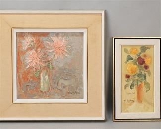 204	2 Shlomo Van Den Berg Oil Still Lifes	Shlomo Van Den Berg (Israel, 1920-1982). 2 oil still lifes with flowers. Oil on board, signed lower left and dated 64, 10 1/2" x 5 1/8" (with frame 13 1/8" x 7 3/4"); oil on canvas, signed lower right and dated 64, 10 1/4" x 10 1/4" (with frame 17 1/4" x 17 1/4")
