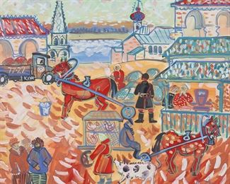 205	Mixed Media Fauvist Street Scene	"Mixed media oil on paper Fauvist style village scene. Signed illegibly lower right. 20"" x 23"" (with frame 30 1/8"" x 33""). Chips to paint decorated frame.

From the collection of a prominent Connecticut family."
