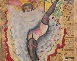 206	Mixed Media on Canvas Dancer	"Mixed media collage with oil, newspaper, and colored pencil on canvas, kicking show dancer in a feather headdress. Signed illegibly lower right, marked FE on verso. 23 5/8"" x 19 5/8"", with frame 31 3/4"" x 27 3/4"". Discoloration and staining to the newspaper and inner corners of the frame are beginning to separate.

From the collection of a prominent Connecticut family."
