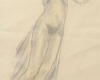 209	Alfred Wahlberg Drawing Dancer	Alfred Wahlberg (Sweden, 1834-1906). Drawing on paper, dancer. Pencil signed lower center A. Wahlberg. 11 1/4" x 7 1/2" (with frame 20 1/2" x 16 1/4"). Tape residue across top edge of sheet.
