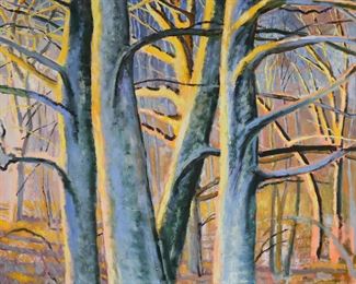 207	Michael Patterson Oil on Canvas Trees	Michael Patterson (American, New York, 1953-). Oil on canvas, trees in wooded landscape. Signed and dated lower left M. Patterson '77. 35 3/4" x 42" (with frame 36 1/4" x 42 5/8"). Indentation to center of canvas.
