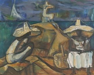 208	Manuel Kantor Oil on Canvas Vendedoras De Bahia	Manuel Kantor (Argentina, 1911-1983). Oil on canvas Vendedoras de Bahia (Brasil). Signed and dated 1964 lower right, and signed, titled and dated on verso. 27" x 38 3/4" (with frame 31" x 42 1/2").
