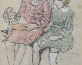 210	Jerome Myers Watercolor Young Friends	Jerome Myers (American, 1867-1940). Watercolor on paper, Young Friends. Pencil signed twice lower right Jerome Myers Em. and Jerome Myers 137 Em. 11 1/4" x 7 3/8" (with frame 17 3/8" x 14").
