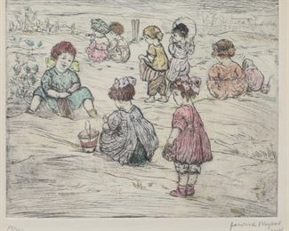 211	Jerome Myers Etching Children Playing	Jerome Myers (American, 1867-1940). Colored etching, Children playing. Pencil signed lower right and numbered 19/25 in pencil lower left. 6 1/2" x 7 3/4" (with frame 13" x 14 1/8").
