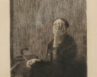 213	Kathe Kollwitz Etching At the Church Wall	Kathe Kollwitz (Germany, 1867-1945). Etching, An der Kirchenmauer (At the Church Wall). Pencil signed in the lower margin. Sight size 10 3/4" x 6", plate 9 5/8" x 5 1/8" (with frame 18" x 13 1/8").
