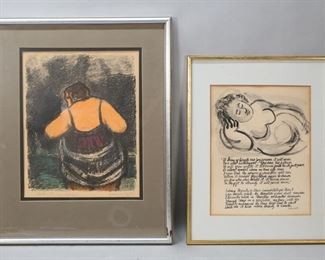 212	Benjamin Kopman Lithograph and Ink & Wash	Benjamin Kopman (Russia / American, 1887-1965). 2 piece art lot. Hand colored lithograph, Bather, pencil signed, dated 64, titled and numbered 40/9 hand colored # 17 in the lower margin and initialed and dated in the plate lower right, 14" x 11" (with frame 21 7/8" x 17 5/8"); Ink and wash of a nude, with text from Keats's Endymion, unsigned, attributed to Kopman, with Rosenfeld Gallery Tel Aviv label on verso, 12 1/2" x 9 3/4" (with frame 18 1/8" x 14 1/4").

