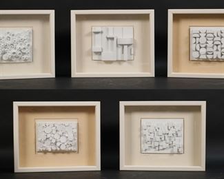 215	5 Jack Eisner Plaster Wall Sculptures	Jack Eisner (20th century). 5 framed plaster relief wall sculptures, in shadowbox frames. All pencil signed lower left with COA labels on verso. Each sculpture approximately 4 1/8" x 5 3/8" (with frames 8 3/4" x 10 3/4" x 2"D).
