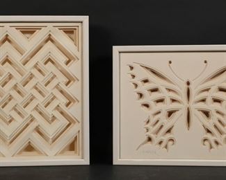 216	2 Jack Eisner Cut Paper Works	Jack Eisner (20th century). 2 cut paper works, in shadowbox frames. Butterfly, 10 1/2" x 13 1/2" (with frame 11 3/4" x 14 3/4" x 2"D); geometric pattern, 13 1/2" x 10 1/2" (with frame 14 3/4" x 11 3/4" x 2"D). Both pencil signed lower left, with COA labels on verso.
