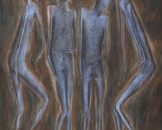 218	Signed P. Miller Oil on Velour Board Figures	Oil on Dove Gray Velour artist's board, abstract figures. Signed and dated on verso P. Miller 1940. 21 1/2" x 18 3/4". Some bending at corners of board, chip to board lower left.
