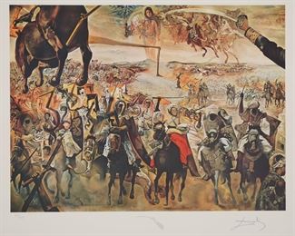 217	After Salvador Dali Print Battle of Tetuan	After Salvador Dali (Spain, 1904-1989). Print, Battle of Tetuan. With embossed portions upper and lower left and upper right. Pencil signed lower right and numbered 231/275 in pencil lower left, with Dali CAG blindstamp lower left. On watermarked Arches paper. Unframed. Image 22 3/4" x 30 1/2", sheet 29 1/4" x 41". Minor discoloration in margins, corners creased.
