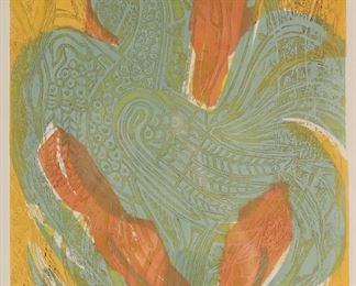 220	Marjorie Tomchuck Embossed Etching Phoenix	Marjorie Tomchuck (Canada / American, 1934-). Embossed etching on paper, Phoenix. Signed, titled and numbered artist's proof in pencil in the lower margin. 21 1/4" x 17" (with frame 31" x 25 1/2"). Chips and losses to frame.
