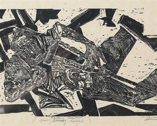 219	Nicholas Sperakis Woodblock Print Falling Down	Nicholas Sperakis (American, 1943-). Woodblock, Falling Down from the Bowery Series. Signed, titled and numbered 1/40 in pencil in the lower margin. 11 1/4" x 17 1/2" (with frame 14 1/8" x 20 1/2"). Minor creasing to lower left and upper left corners of sheet.
