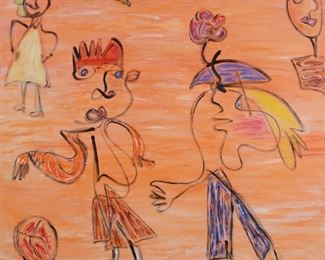 221	Hilda Epner Oil on Canvas Playtime	Hilda Epner (American, 1929-). Oil on canvas, Playtime. Signed and titled in marker on stretcher on verso. 48" x 48". Scuff mark lower left.
