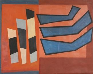 222	Elizabeth Lloyd Chater Oil on Canvas Abstract	Elizabeth Lloyd Chamberlaine Chater (American, 1914-1999). Oil on canvas, geometric abstract. Unsigned, with Elizabeth Lloyd Chater estate stamp on verso. 42 1/4" x 53 7/8". Paint loss around edges, scratch through one vertical shape.
