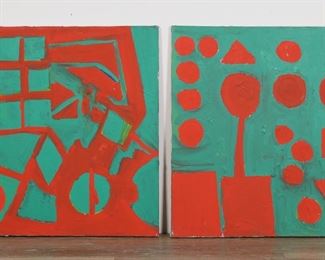 223	Pair of Ron Rice Acrylics on Canvas 2D Plant	Ron Rice (American, 1953-2009). 2 abstract acrylics on canvas. 1 signed, titled 2D Plant (Second Dimension) at Dusk Surrounded by Insect Life, and dated 2/23/02 ink on stretcher. Each 24" x 30".
