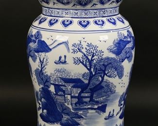 229	Chinese Blue & White Porcelain Garden Seat	Chinese porcelain garden seat / stool. Blue and white with landscape and village scenes. 15 3/4"H x 9 3/8"-diameter at top.

