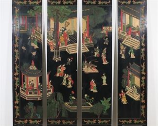 245	Chinese Lacquered Figural Folding Screen	"Chinese lacquered figural folding screen. 20th century. Four lacquered panels decorated with polychromatic relief scenes of courtiers on one side and floral motifs on the other. Original hinges and hardware are no longer present and panels are in four separate pieces. Losses to lacquer on edges and faces of panels. Tarnishing and wear to metal foot caps on feet of screens. Wear, scuffs, and fading to paint  throughout.

Each panel measures 16 1/8"" W x 7/8"" D x 72 1/4"" H. 56 lbs total. 

"
