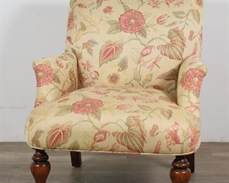 251	Bailey Street Holding Company Upholstered Armchair	"Upholstered armchair produced by the Bailey Street Holding Company. American, 21st century. Floral upholstery and turned front legs. Bailey Street labels on underside of chair. Wear throughout upholstery of chair. Scuffs and scratches to feet. 

28"" W x 33"" D x 36"" H. 30 lbs."
