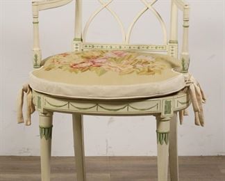 252	Caitlin Wilson Neoclassical Style "Diana Chair"	"""Diana"" chair produced and designed by Caitlin Wilson (San Francisco, CA, 21st century.) Cream-colored armchair in French Neoclassical style with green-painted motifs, tapered legs, and caned seat with removable upholstered cushion. No brand marks or labels present. Wear and warping to seat cushion. Paint loss and chips to arms and top of chair splat. Chips, scratches and losses to wood and paint of legs. 

21"" W x 21""  D x 35 3/8"" H. Seat height 21 1/4"" H (with cushion). Arm height 29"" H. 14 lbs. 
"
