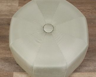 253	Contemporary Octagonal Upholstered Ottoman	"Contemporary octagonal upholstered ottoman or footstool. 21st century. Ottoman in curved octagonal form with seafoam green upholstery. Wear and light staining to upholstery on sides of ottoman. Small tears and pilling to upholstery on top. 

27"" W x 27"" D x 18"" H. 18 lbs."
