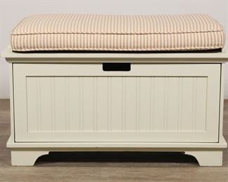 254	Contemporary White Storage Bench	"Contemporary white entryway storage bench. 21st century. Removable striped upholstered cushion and drop down door for storage. Scuffs, scratches and wear throughout surface of bench. Chip and loss to wood on top front right corner of bench. 

33"" W x 17 7/8"" D x 20 5/8"" H (with cushion). 32 lbs."
