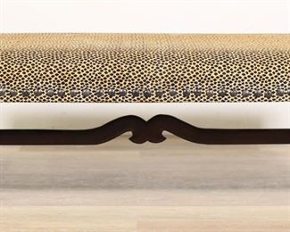 255	Baroque Style Cheetah Print Bedroom Bench	"Baroque style cheetah print bedroom bench. 21st century. Carved wooden Baroque style stretcher with Hollywood Regency style cheetah print upholstery tacked with nailhead trim. Fading and wear to upholstery. Small nicks and scuffs to wood on legs and stretcher. 

54 1/2"" W x 27 1/2"" D x 18 1/2"" H. 47 lbs."
