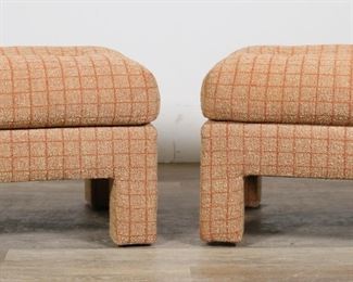 258	Pair of Cy Mann Designs Mid Century Ottomans	"Pair of Mid Century Modern ottomans or footstools produced by Cy Mann Designs from their Designer's Collection. New York, NY, 20th century. Block feet and striped burnt orange upholstery. Cy Mann Designs label on underside of one ottoman. Fading and pilling to upholstery throughout both ottomans. Two small imperfections to threading on one ottoman. 

26"" W x 21"" D x 18 1/2"" H. Each ottoman weighs 25 lbs."
