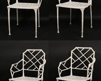 263	Four Mid Century Chinese Chippendale Style Chairs	"Four Mid Century Chinese Chippendale style outdoor armchairs. 20th century. Cast metal and white paint, bamboo form legs and splats. Wear, scuffs, marks, and paint losses throughout all four chairs. 

21 5/8"" W x 20"" D x 34 1/8"" H. Seat height 16 3/4"", arm height 24 3/4"". Each chair weighs 16 lbs."
