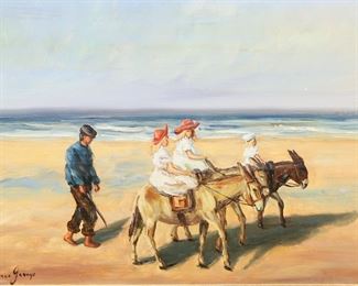 266	Lazaro Gauche After Isaac Israels Oil on Board	After Isaac Israels (Dutch, 1865-1934). Oil on board, donkey ride on the beach. Signed lower left Lazaro Gauche. 14" x 19" (with frame 22 3/4" x 27 3/4"). Some paint loss to the right of signature.
