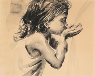 268	Sandu Liberman Ink & Wash Portrait of a Girl	Sandu Liberman (Romania, 1923-1977). Ink and wash watercolor on paper, portrait of a girl. Signed lower right. 25 1/4" x 19 1/4" (with frame 25 1/2" x 19 1/2"). Discoloration to paper, waviness to paper.
