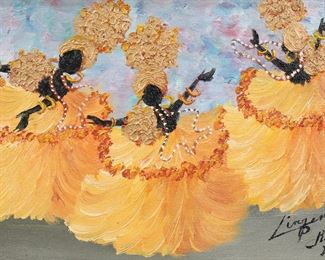 267	Linda H. Margem Oil on Canvas Dancers	Oil on canvas, dancers. Signed lower right Lingem (Linda H. Margem), and dated Rio 2002. 5 3/4" x 8 1/4" (with frame 12 1/2" x 15").

