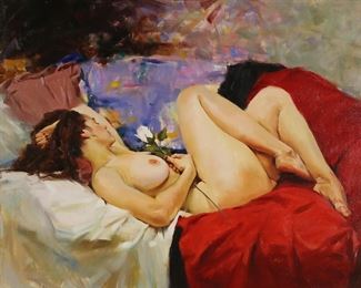 270	Ron McDowell Oil on Canvas White Rose	Ron W. McDowell (American, 20th / 21st century). Oil on canvas reclining nude, White Rose. Signed upper left, with Cavalier Galleries, Greenwich, CT labels on verso. 23 1/2" x 29 1/2" (with frame 32 1/4" x 38 1/4").
