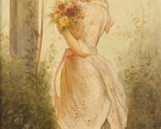 271	After Pierre Duval Le Camus Oil on Wood Panel	After Pierre Duval Le Camus (France, 1790-1854). Oil on wood panel, portrait of a girl with flowers. Signed lower right T. Singer. 12" x 5 1/2" (with frame 20 1/4" x 14"). Minor paint loss lower left; chips, losses and discoloration to gilt frame.
