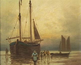 273	Oil on Canvas Boats at Shore	Oil on canvas, people and boats in shoreline landscape. Unsigned. 11 1/2" x 8 1/2" (with frame 19 3/8" x 16 1/2"). Chips, losses and repairs to gilt frame.
