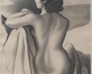 274	Ernest Fiene Lithograph Seated Nude	Ernest Fiene (American, 1894-1965). Lithograph, seated nude. Pencil signed and dated 31 lower right and numbered 2/60 in pencil lower left. 12" x 10 1/2" (with frame 21" x 19 5/8"). Scratches to frame.
