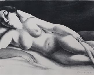 275	Ernest Fiene Lithograph Reclining Nude	Ernest Fiene (American, 1894-1965). Lithograph, reclining nude. Pencil signed and dated 31 lower right and numbered II State 9/30 in pencil lower left. 8 3/4" x 13 1/2" (with frame 18" x 22 3/4").
