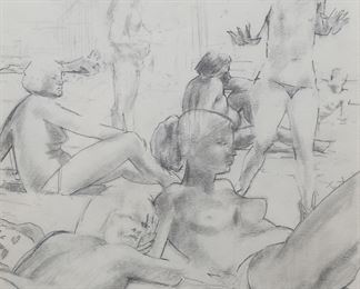276	John Dobbs Drawing Sunbathers	John Dobbs (American, 1931-2011). Graphite on paper, sunbathers. Pencil signed and dated 91 upper left. 8 1/2" x 7 7/8" (with frame 16" x 15 1/2").
