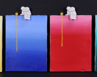 280	4 Jean Pierre Kaliaguine Sculptures on Canvas	"Jean Pierre Kaliaguine (1944-2007). 4 mixed media sculptures, acrylic on canvas with plaster and metal. Plaster figure spilling paint over canvas. All signed lower right and signed and titled La Bitisse on verso. Each 15"" x 9 3/8"" including canvas and plaster figure. Blue canvas yellow paint cracked at paint can, pink canvas paint can separating from canvas.

From the collection of a prominent Connecticut family."
