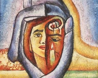 278	Benyamin Long Oil on Canvas Portrait	Benyamin Long (Israel, 20th / 21st century). Oil on fiber canvas, cubist portrait. Signed lower right. 23 1/2" x 19 1/2" (with frame 28 1/2" x 24 1/2"). Scratches and chips to frame.
