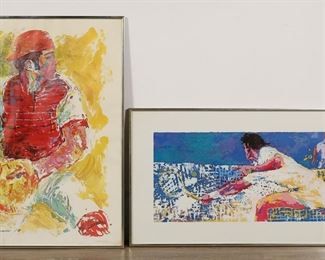 283	2 LeRoy Neiman Sports Prints Baseball & Tennis	LeRoy Neiman (American, New York, 1921-2012). 2 sports prints. Johnny Bench, signed and dated 70 in the plate lower left, 29 5/8" x 23 1/2" (with frame 30 3/8" x 24 1/4"); At the Net, signed in the plate lower right, image 11 3/4" x 27 3/4" (with frame 18 1/4" x 34 1/4"). Johnny Bench waviness to paper, staining and discoloration lower right and throughout; At the Net discoloration upper right.


