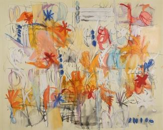 285	Gabriela Goldstein Oil on Canvas Abstract	Gabriela Goldstein (Argentina, 20th / 21st century). Oil on canvas, abstract, 2 Escrituras y Jeroglifos (Writing and Hieroglyphics). Signed Gaby Goldstein, titled, and dated 1999 on verso. 56" x 63".
