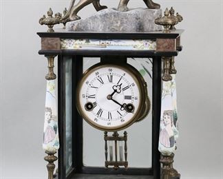298	Hand Painted Porcelain & Granite Mantel Clock	Patinated metal mantel clock with hand painted porcelain columns and trim, granite base, figural feet, 4 urn finials and white metal lion topper. 10"W x 7 1/2"D x 20"H. Missing front glass, glass cracked on one side, glass cracked at back, scratches to case, slight discoloration to face.
